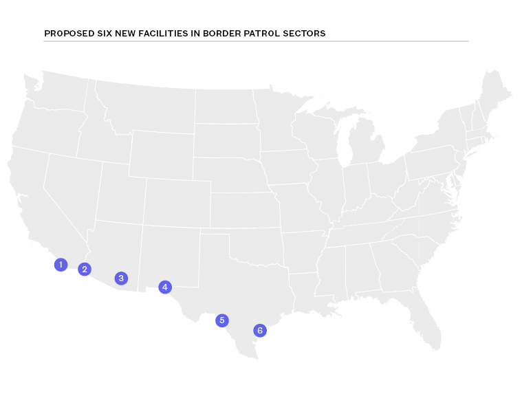 A map showing proposed six new facilities in border patrol sectors
