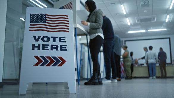 This image shows a "Vote Here" sign in the foreground with the American flag at the top and arrows pointing forward. In the background, a diverse group of people is standing in line at voting booths, filling out ballots inside a well-lit polling station. 